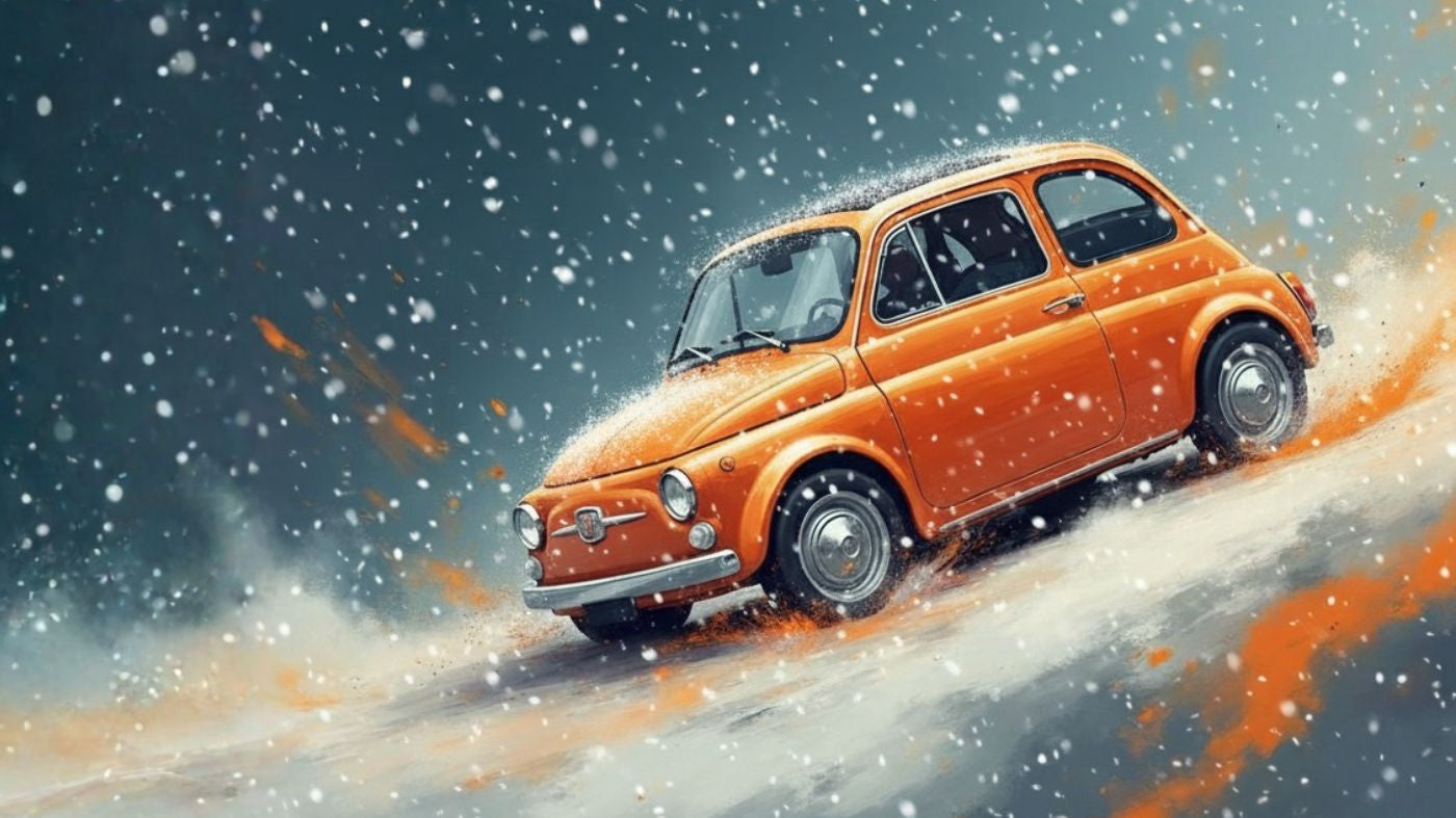 Fiat 500 d'epoca color Corallo, che sfreccia veloce su una discesa innevata. Ricambi Bigatti