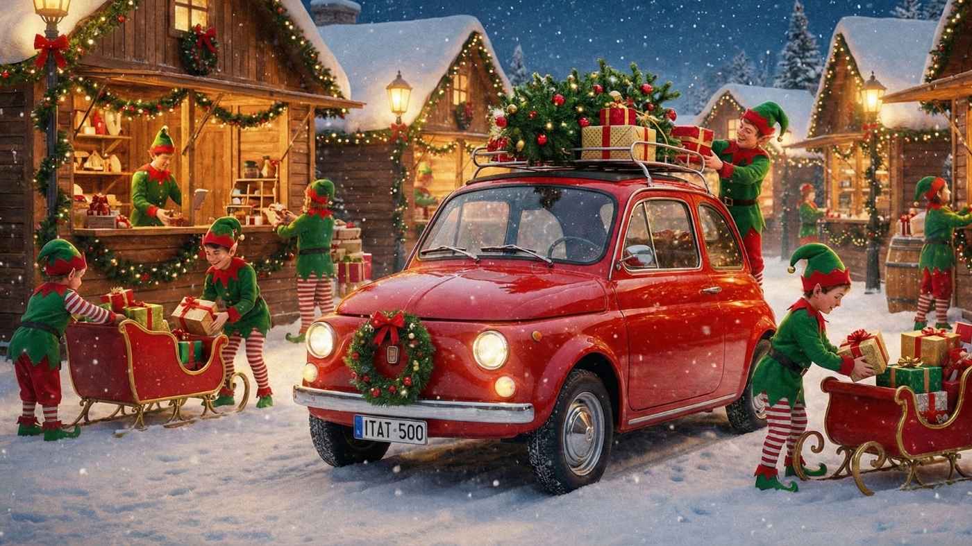 Fiat 500 d'epoca rossa è pronta ad essere caricata di doni, pieni di ricambi, da simpatici Elfi Natalizi impegnati, da consegnare a Babbo Natale! 