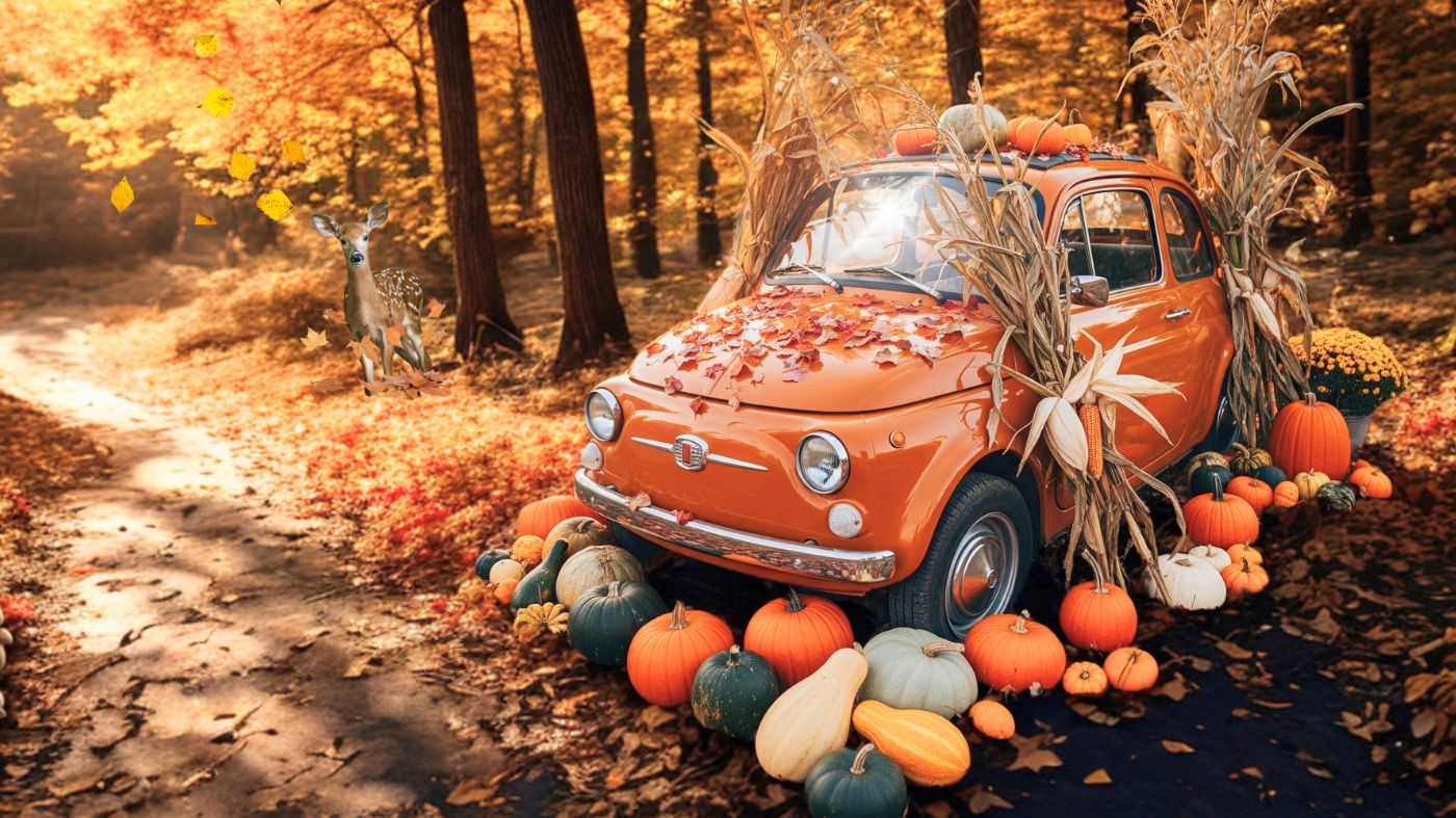 Fiat 500 d'epoca, corallo, in un bosco autunnale, tra fogliame secco, zucche e fauna selvatica. Ricambi.
