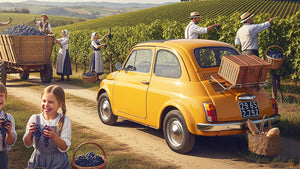 Fiat 500 d'epoca rossa tra i vigneti durante la vendemmia nelle colline del Monferrato, con contadini e bambini che raccolgono l'uva. Per ricambi Fiat 500 F L R.