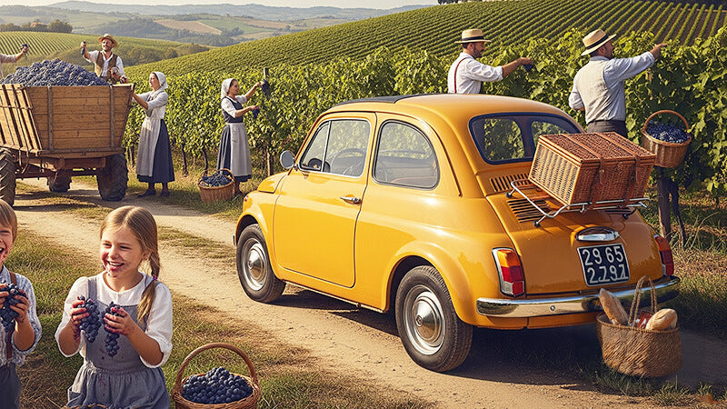 Fiat 500 d'epoca rossa tra i vigneti durante la vendemmia nelle colline del Monferrato, con contadini e bambini che raccolgono l'uva. Per ricambi Fiat 500 F L R.