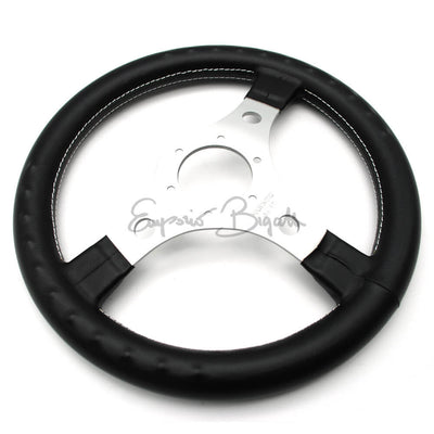 Volante sportivo racing argento skay nero cucitura parallela bianca diametro 320mm con pulsante clacson