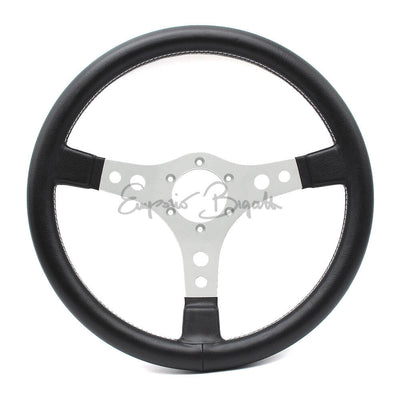 Volante sportivo racing argento skay nero cucitura parallela bianca diametro 350mm con pulsante clacson