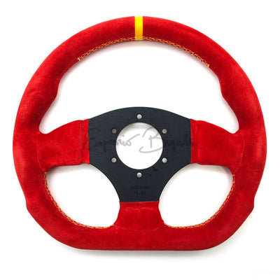 Volante sportivo in pelle scamosciata rossa con cucitura incrociata gialla e riga gialla, razze nere 300mm  con pulsante clacson