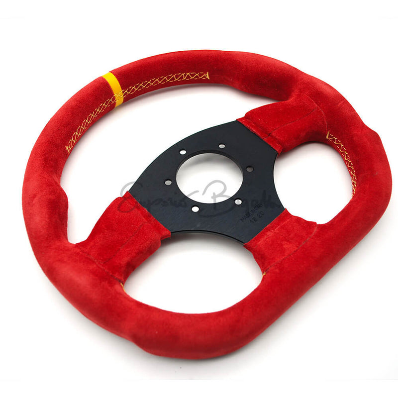 Volante sportivo in pelle scamosciata rossa con cucitura incrociata gialla e riga gialla, razze nere 300mm  con pulsante clacson