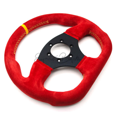 Volante sportivo in pelle scamosciata rossa con cucitura incrociata gialla e riga gialla, razze nere 300mm  con pulsante clacson